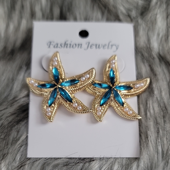 Jewelry - Gold and Blue Starfish Earrings